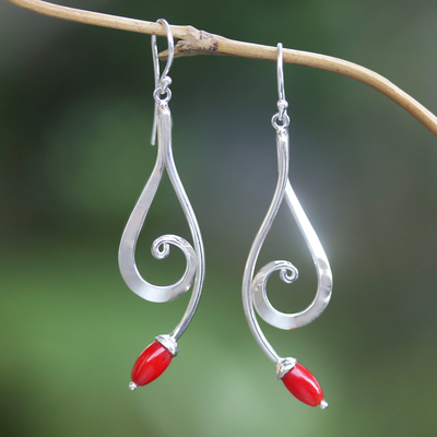 Carnelian dangle earrings, 'Wave Melody in Red' - Sterling Silver and Carnelian Dangle Earrings