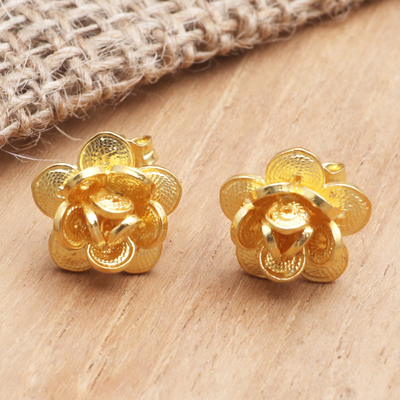 Gold-plated filigree button earrings, 'Warm Floral Glow' - Gold-Plated Sterling Silver Button Earrings