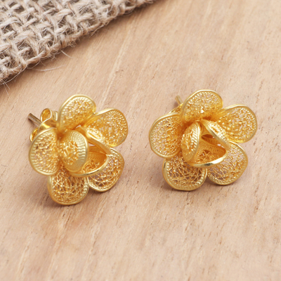 Gold-plated filigree button earrings, 'Frangipani Light' - Gold-Plated Floral Button Earrings