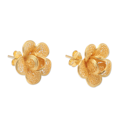 Gold-plated filigree button earrings, 'Frangipani Light' - Gold-Plated Floral Button Earrings