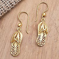 Gold-plated filigree dangle earrings, 'Golden Slipper' - Gold-Plated Shoe-Themed Dangle Earrings