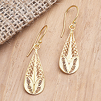 Gold-plated filigree dangle earrings, 'Heart Strings' - Handmade Gold-Plated Dangle Earrings
