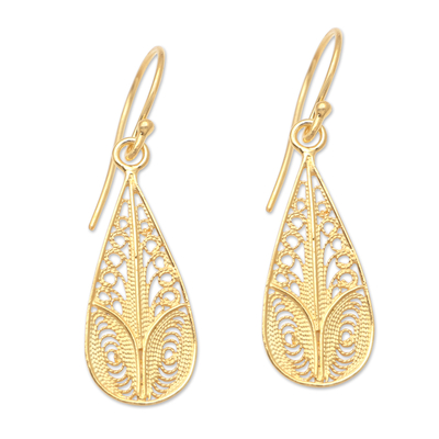Gold-plated filigree dangle earrings, 'Heart Strings' - Handmade Gold-Plated Dangle Earrings