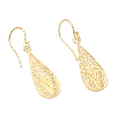 Gold-plated filigree dangle earrings, 'Heart Strings' - Handmade Gold-Plated Dangle Earrings