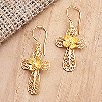 Pendientes colgantes de filigrana chapados en oro - Pendientes colgantes con motivo de cruz bañados en oro