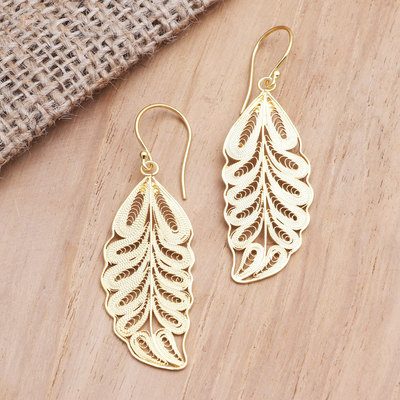 Gold-plated filigree dangle earrings, 'Forest Life' - Gold-Plated Leaf Motif Dangle Earrings