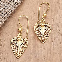 Gold-plated filigree dangle earrings, 'Burning Love' - Gold-Plated Heart-Shaped Dangle Earrings