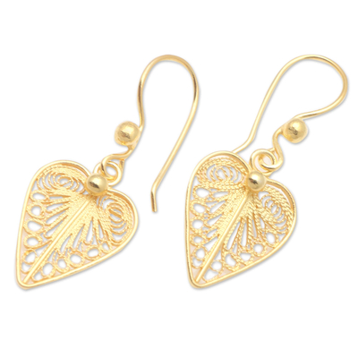 Pendientes colgantes de filigrana chapados en oro - Pendientes colgantes en forma de corazón bañados en oro