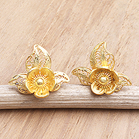 Gold-plated filigree button earrings, 'Orchid Glow' - Gold-Plated Sterling Silver Floral Button Earrings