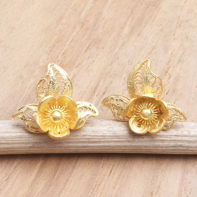 Pendientes de botón de filigrana bañados en oro - Pendientes botón floral en plata de primera ley recubierta de oro