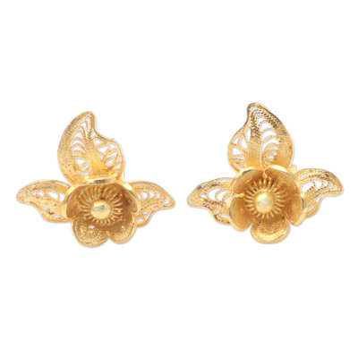 Gold-plated filigree button earrings, 'Orchid Glow' - Gold-Plated Sterling Silver Floral Button Earrings