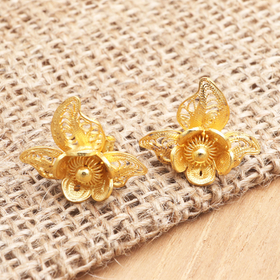 Vergoldete filigrane Knopfohrringe - Ohrringe aus vergoldetem Sterlingsilber mit Blumenknöpfen