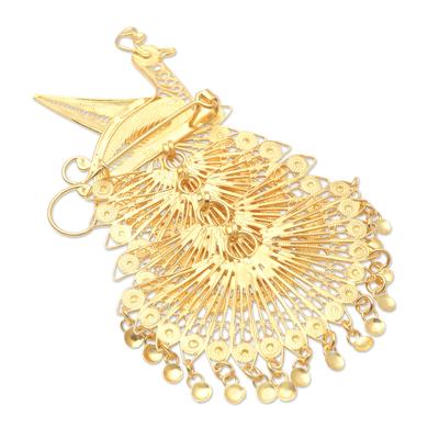 Gold-plated filigree brooch, 'Peacock Charm' - Gold-Plated Sterling Silver Peacock Brooch