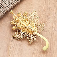 Gold-plated filigree brooch, 'Hibiscus Glow' - Gold-Plated Sterling Silver Flower Brooch