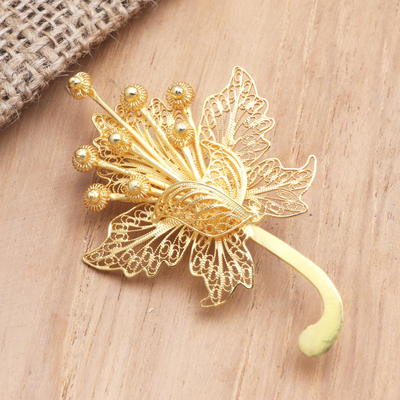 Broche de filigrana chapado en oro - Broche flor en plata de primera ley recubierta de oro