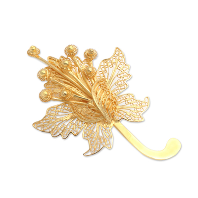 Gold-plated filigree brooch, 'Hibiscus Glow' - Gold-Plated Sterling Silver Flower Brooch