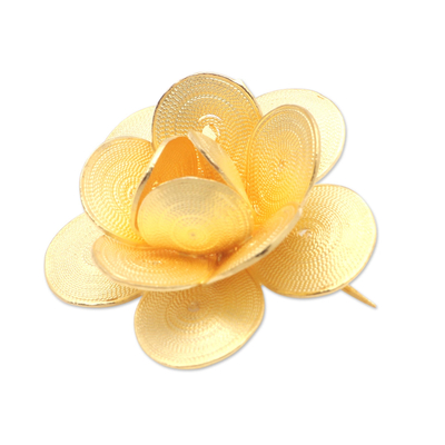 Gold-plated filigree brooch, 'Plumeria Glow' - Hand Made Gold-Plated Sterling Silver Flower Brooch