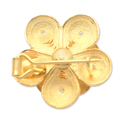 Gold-plated filigree brooch, 'Plumeria Glimmer' - Handmade Gold-Plated Sterling Silver Flower Brooch