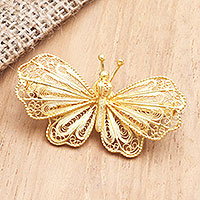 Broche de filigrana bañado en oro, 'Butterfly Radiance' - Broche de mariposa de plata de ley bañado en oro