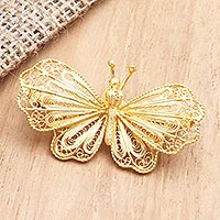 Gold-plated filigree brooch, 'Butterfly Radiance' - Gold-Plated Sterling Silver Butterfly Brooch