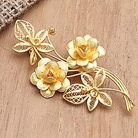 Vergoldete filigrane Brosche, „Angelic Garden“ – Vergoldete filigrane Blumenbrosche