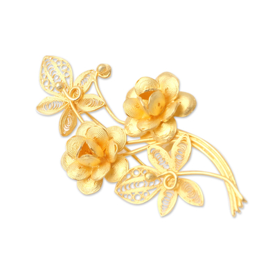 Gold-plated filigree brooch, 'Angelic Garden' - Gold-Plated Filigree Floral Brooch