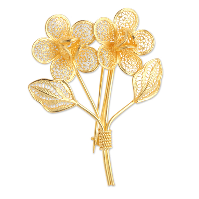 Gold-plated filigree brooch, 'Valentine Bouquet' - Gold-Plated Filigree Flower Bouquet Brooch