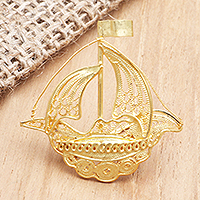 Gold-plated filigree brooch, 'Pirate Boat' - Gold-Plated Filigree Boat Brooch