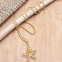 Gold-plated filigree pendant necklace, 'Azalea Flower' - Gold-Plated Floral Filigree Pendant Necklace
