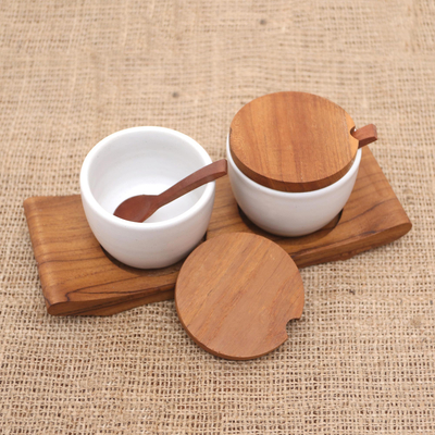 Ceramic and teak wood condiment set, 'Flavor Duo in White' - Hand Made Ceramic and Teak Wood Condiment Set