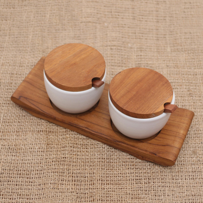 Ceramic and teak wood condiment set, 'Flavor Duo in White' - Hand Made Ceramic and Teak Wood Condiment Set