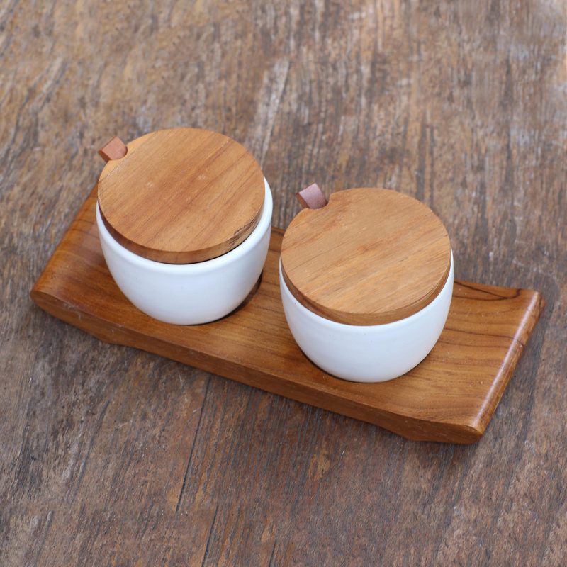 Hand Made Ceramic and Teak Wood Condiment Set - Flavor Duo in White ...