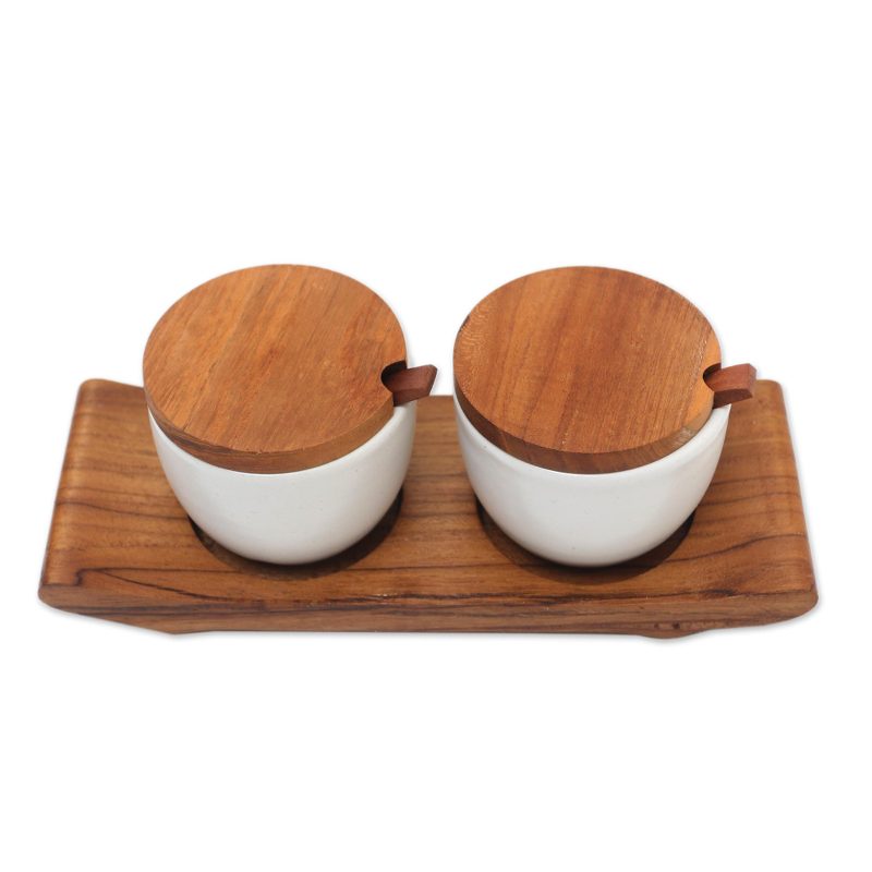 Hand Made Ceramic and Teak Wood Condiment Set - Flavor Duo in White ...
