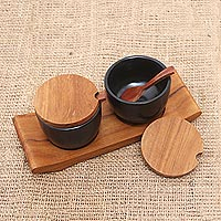 Hand Crafted Ceramic and Teak Wood Condiment Set,'Flavor Duo in Black'