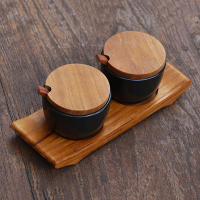 Ceramic and teak wood condiment set, 'Flavor Duo in Black' - Hand Crafted Ceramic and Teak Wood Condiment Set