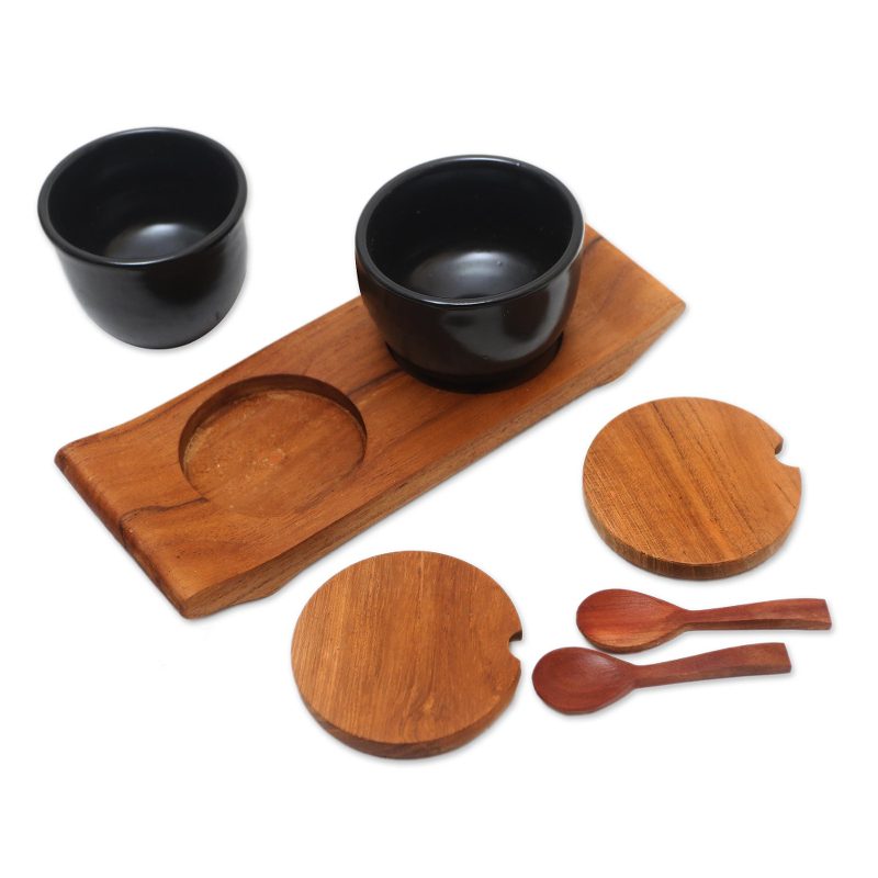 Hand Crafted Ceramic and Teak Wood Condiment Set - Flavor Duo in Black ...