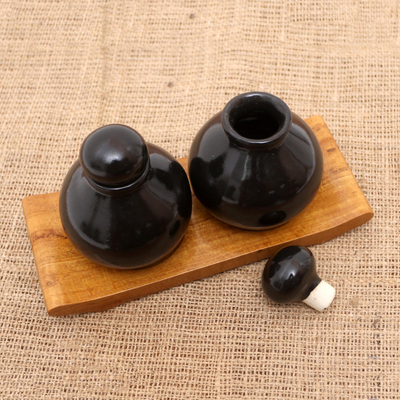 Ceramic and teak wood bathroom set, 'Splendid Bath in Black' - Handmade Black Ceramic and Teak Wood Bathroom Set