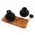 Badezimmerset aus Keramik und Teakholz - Handgefertigtes Badezimmer-Set aus schwarzer Keramik und Teakholz