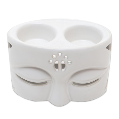Ceramic oil warmer, 'Warming Buddha in White' - White Ceramic Buddha-Themed Oil Warmer
