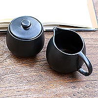 Ceramic cream and sugar set, 'Cute Couple' (pair) - Black Ceramic Creamer & Sugar Bowl (Pair)