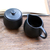 Ceramic cream and sugar set, 'Cute Couple' (pair) - Black Ceramic Creamer & Sugar Bowl (Pair) thumbail