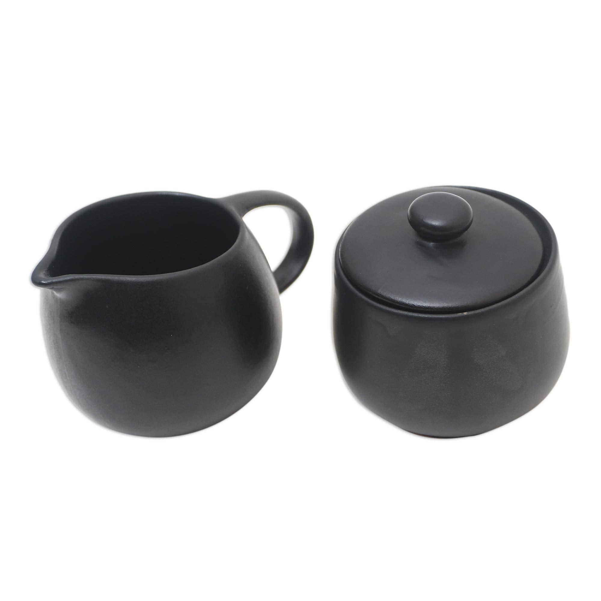 Black Ceramic Creamer & Sugar Bowl (Pair) Cute Couple NOVICA