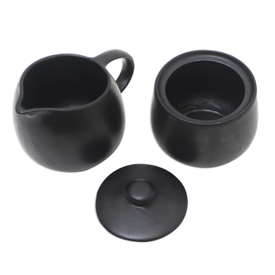Ceramic cream and sugar set, 'Cute Couple' (pair) - Black Ceramic Creamer & Sugar Bowl (Pair)