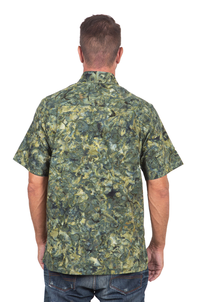 Camisa de hombre de algodón estampada a mano - Camisa de hombre de algodón verde hecha a mano