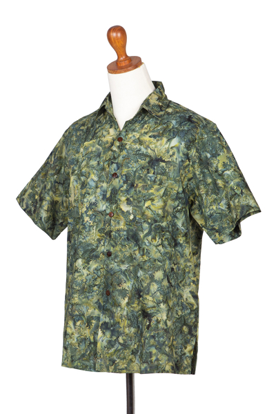 Handgestempeltes Herren-Baumwollhemd - Handgefertigtes grünes Baumwollhemd für Herren