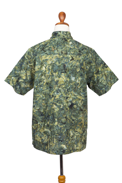 Camisa de hombre de algodón estampada a mano - Camisa de hombre de algodón verde hecha a mano