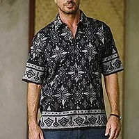 Mens hand-woven ikat cotton shirt, Dark Ash