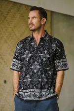 Men's hand-woven ikat cotton shirt, 'Dark Ash' - Hand Woven Men's Ikat Cotton Shirt