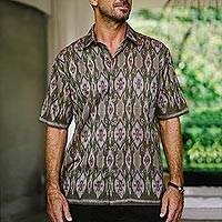 Men's hand-woven ikat cotton shirt, 'Green Summer' - Hand Woven Men's Short Sleeved Cotton Shirt