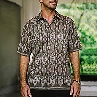 Camisa de algodón ikat tejida a mano para hombre, 'Green Summer' - Camisa de algodón de manga corta para hombre tejida a mano